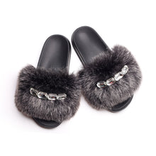 Load image into Gallery viewer, Bling Diamond Fox Raccoon Fur Slides Crystal Slippers
