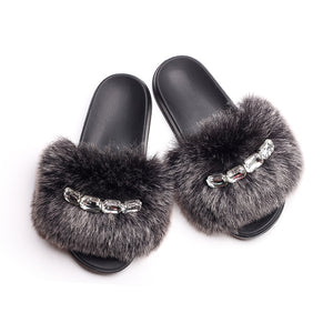 Bling Diamond Fox Raccoon Fur Slides Crystal Slippers