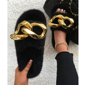 Furry Fur Gold Chain Plush Fluffy Flip Flops Faux Fur Slippers