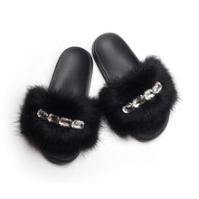 Load image into Gallery viewer, Bling Diamond Fox Raccoon Fur Slides Crystal Slippers
