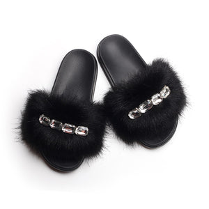 Bling Diamond Fox Raccoon Fur Slides Crystal Slippers