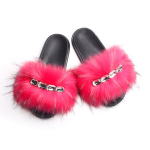 Bling Diamond Fox Raccoon Fur Slides Crystal Slippers