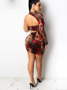 Red Snake Print Sleeve Dress Mini Dress