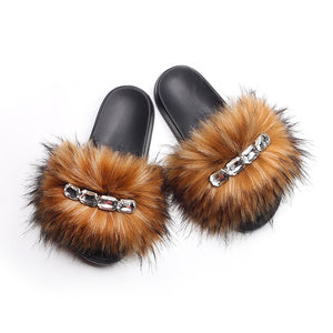 Bling Diamond Fox Raccoon Fur Slides Crystal Slippers