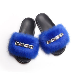 Bling Diamond Fox Raccoon Fur Slides Crystal Slippers