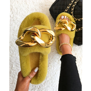 Furry Fur Gold Chain Plush Fluffy Flip Flops Faux Fur Slippers