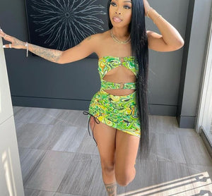 Lime Green Print Bandage Drawstring Mini Dress