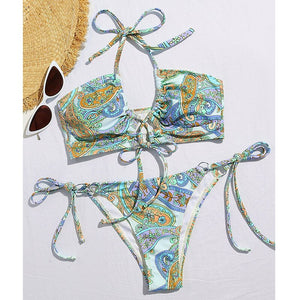 Vintage print bandeau swimsuit women's swimming suit halter push up bikini swimwear sexy bathing suit