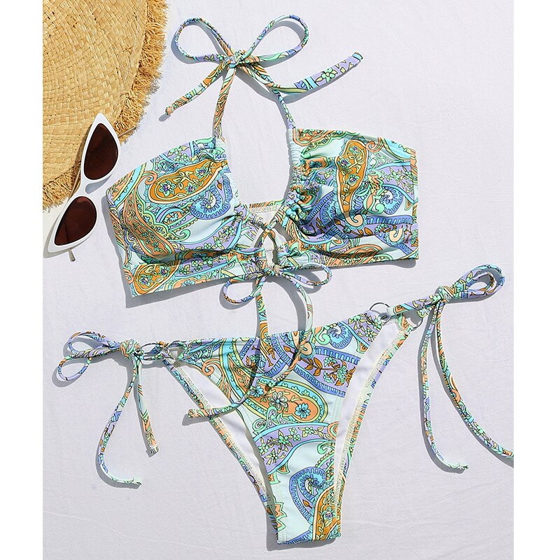 Vintage print bandeau swimsuit women's swimming suit halter push up bikini swimwear sexy bathing suit