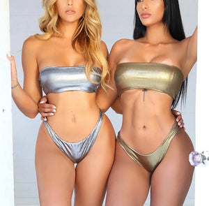 New Swimsuit Solid Color Bronzing Tube Top Ladies Split Swimsuit Sexy Low Waist Bikini Swimsuit