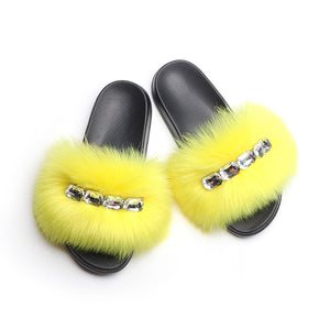 Bling Diamond Fox Raccoon Fur Slides Crystal Slippers