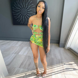 Lime Green Print Bandage Drawstring Mini Dress