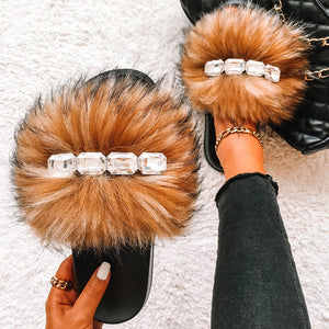 Bling Diamond Fox Raccoon Fur Slides Crystal Slippers