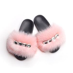 Bling Diamond Fox Raccoon Fur Slides Crystal Slippers