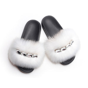 Bling Diamond Fox Raccoon Fur Slides Crystal Slippers