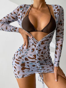 New Mesh Transparent Digital Printing Three-Piece Bikini Long Sleeve Pullover Sunscreen Swimsuit