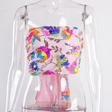 Load image into Gallery viewer, Floral Sequin Embroidery Pink Crop Top with Chain Necklace Tie Up
