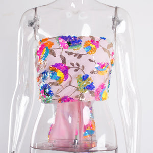 Floral Sequin Embroidery Pink Crop Top with Chain Necklace Tie Up