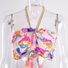 Load image into Gallery viewer, Floral Sequin Embroidery Pink Crop Top with Chain Necklace Tie Up
