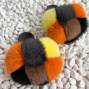 Pom Pom Fur Slippers Women Fluffy Sliders Furry Sandals Real Rabbit Fur Slippers Fox Fur Slides Multicolor