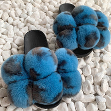 Load image into Gallery viewer, Pom Pom Fur Slippers Women Fluffy Sliders Furry Sandals Real Rabbit Fur Slippers Fox Fur Slides Multicolor
