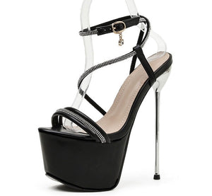 Platform High Heels Crystal Head Peep Toe T-Tied Ankle Strap Shoes