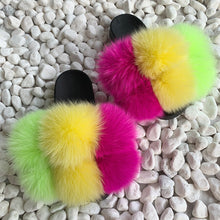 Load image into Gallery viewer, Pom Pom Fur Slippers Women Fluffy Sliders Furry Sandals Real Rabbit Fur Slippers Fox Fur Slides Multicolor
