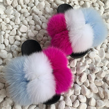 Load image into Gallery viewer, Pom Pom Fur Slippers Women Fluffy Sliders Furry Sandals Real Rabbit Fur Slippers Fox Fur Slides Multicolor
