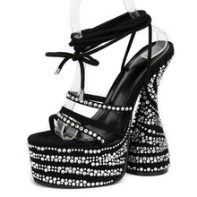 Load image into Gallery viewer, Open Toe Rhinestone Crystal Bling High Heels Sandals Ankle Tie Up Shoes
