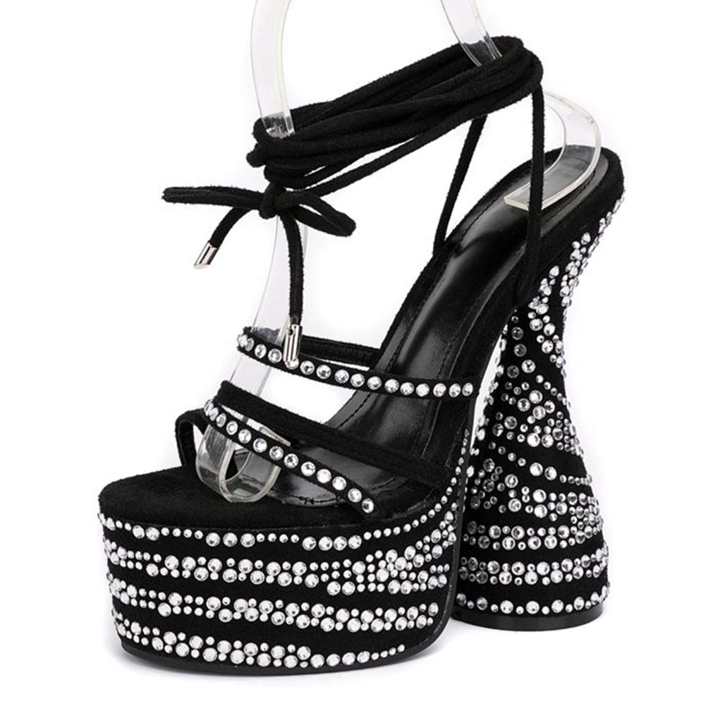 Open Toe Rhinestone Crystal Bling High Heels Sandals Ankle Tie Up Shoes