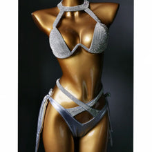 Load image into Gallery viewer, Glitter Rhinestone Swimsuit Push Up Solid Cross Adjustable Bandage Bikini Bra Set
