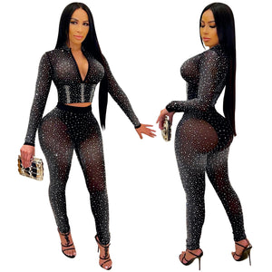 Diamond Crop Top Leggings Mesh See Through 2 Piece Set