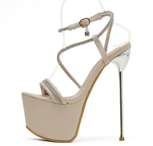 Platform High Heels Crystal Head Peep Toe T-Tied Ankle Strap Shoes