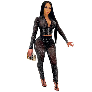 Diamond Crop Top Leggings Mesh See Through 2 Piece Set