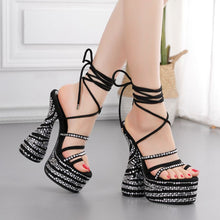 Load image into Gallery viewer, Open Toe Rhinestone Crystal Bling High Heels Sandals Ankle Tie Up Shoes
