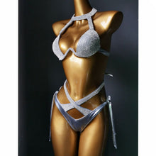 Load image into Gallery viewer, Glitter Rhinestone Swimsuit Push Up Solid Cross Adjustable Bandage Bikini Bra Set
