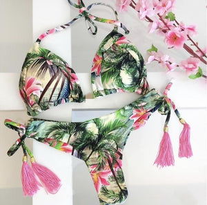 Tassel Leaves Island Print Bikini Set