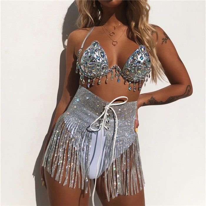 Shiny Gems Rhinestones 3 Piece Set Halter Bra Sexy Thong Panty Bandage Skirt Set Party Club Outfits