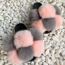 Load image into Gallery viewer, Pom Pom Fur Slippers Women Fluffy Sliders Furry Sandals Real Rabbit Fur Slippers Fox Fur Slides Multicolor
