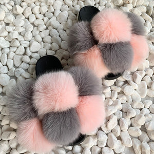 Pom Pom Fur Slippers Women Fluffy Sliders Furry Sandals Real Rabbit Fur Slippers Fox Fur Slides Multicolor