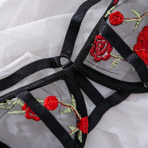 Lace Rose Garden Flower Embroidered Mesh Lingerie Set