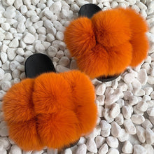 Load image into Gallery viewer, Pom Pom Fur Slippers Women Fluffy Sliders Furry Sandals Real Rabbit Fur Slippers Fox Fur Slides Multicolor
