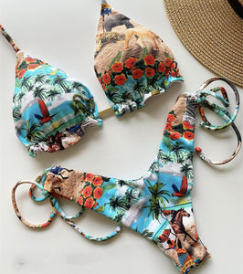 Tassel Leaves Island Print Bikini Set