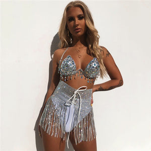 Shiny Gems Rhinestones 3 Piece Set Halter Bra Sexy Thong Panty Bandage Skirt Set Party Club Outfits