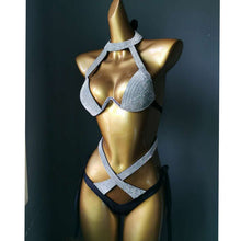 Load image into Gallery viewer, Glitter Rhinestone Swimsuit Push Up Solid Cross Adjustable Bandage Bikini Bra Set
