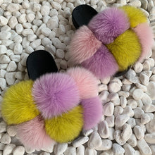 Load image into Gallery viewer, Pom Pom Fur Slippers Women Fluffy Sliders Furry Sandals Real Rabbit Fur Slippers Fox Fur Slides Multicolor
