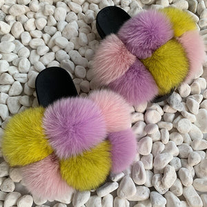 Pom Pom Fur Slippers Women Fluffy Sliders Furry Sandals Real Rabbit Fur Slippers Fox Fur Slides Multicolor