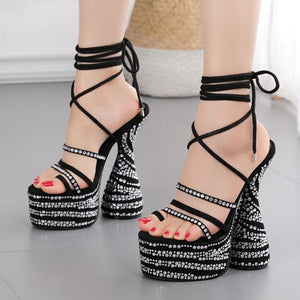 Open Toe Rhinestone Crystal Bling High Heels Sandals Ankle Tie Up Shoes