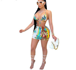 IslandGirl Vacation Two Piece Set Halter Bandage Crop Top Outfit Set