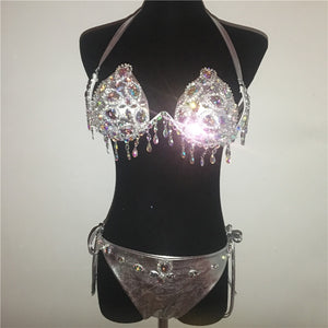 Shiny Gems Rhinestones 3 Piece Set Halter Bra Sexy Thong Panty Bandage Skirt Set Party Club Outfits